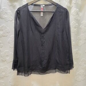 Biya Johnny Was Black 100% Silk Sheer Lace Trim V-Neck Blouse Top Womens Large